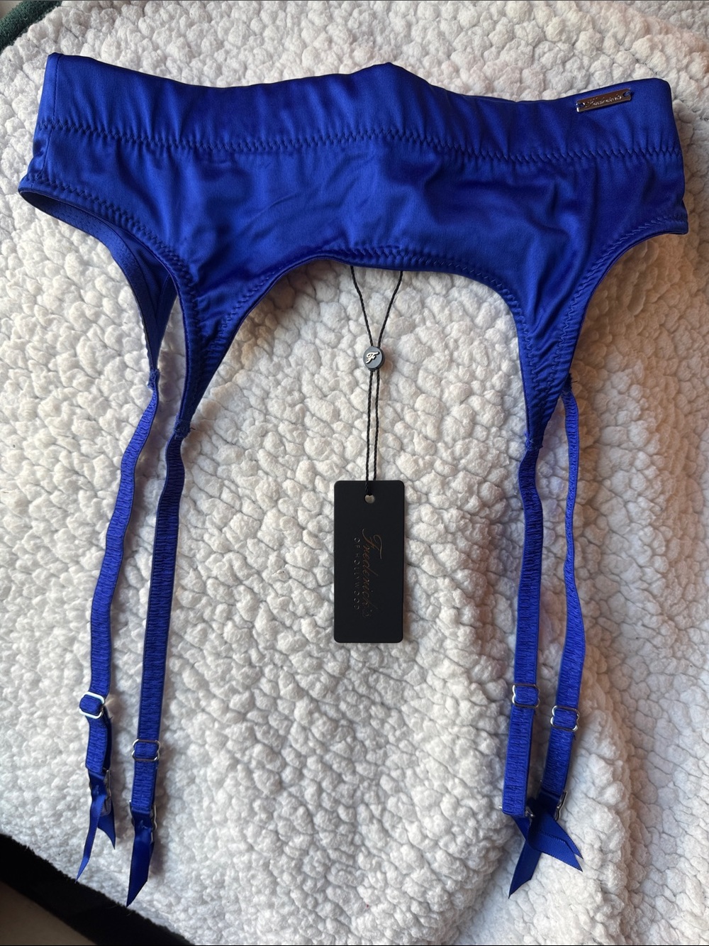 Frederick’s of Hollywood Petra Cobalt Blue Satin Garter Belt Small NWT